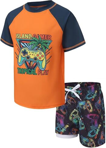 Boys Swim Set Rash Guard Swimsuits Set for Boy Short Sleeve Bathing Suits with Liner Swim Trunks Swimwear 3-16 Years in Kuwait