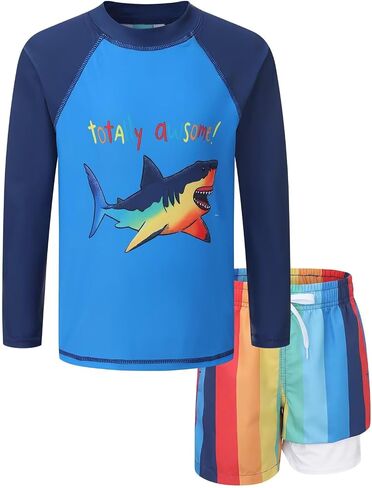 Boys Swim Set Rash Guard Swimsuits Set for Kids Long Sleeve Shirt with Liner Swim Trunks Bathing Suits Swimwear in Saudi Arabia