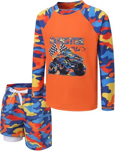 Boys Swim Set Rash Guard Swimsuits Set for Kids Long Sleeve Shirt with Liner Swim Trunks Bathing Suits Swimwear in Saudi Arabia