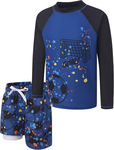 Boys Swim Set Rash Guard Swimsuits Set for Kids Long Sleeve Shirt with Liner Swim Trunks Bathing Suits Swimwear in Saudi Arabia
