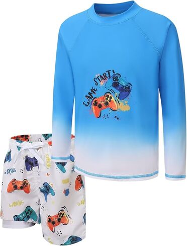 Boys Swim Set Rash Guard Swimsuits Set for Kids Long Sleeve Shirt with Liner Swim Trunks Bathing Suits Swimwear in Saudi Arabia