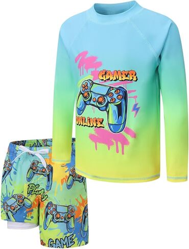 Boys Swim Set Rash Guard Swimsuits Set for Kids Long Sleeve Shirt with Liner Swim Trunks Bathing Suits Swimwear in Saudi Arabia