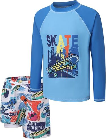 Boys Swim Set Rash Guard Swimsuits Set for Kids Long Sleeve Shirt with Liner Swim Trunks Bathing Suits Swimwear in Saudi Arabia