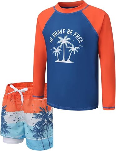 Boys Swim Set Rash Guard Swimsuits Set for Kids Long Sleeve Shirt with Liner Swim Trunks Bathing Suits Swimwear in Saudi Arabia