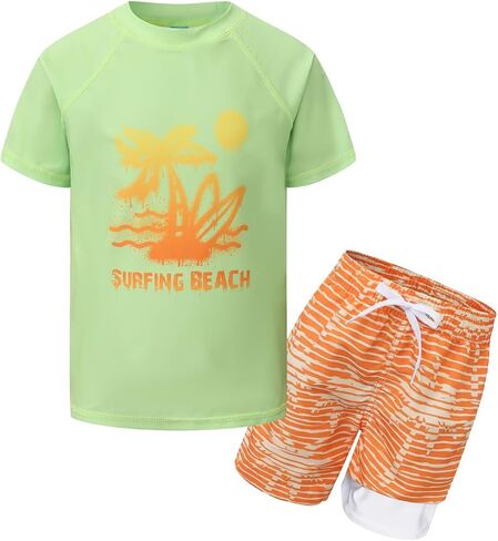 Boys Swim Set, Rash Guard Swimsuits Set Short Sleeve Bathing Suit with Compression Liner Swim Trunks Swimwear 3-16 Years in Kuwait