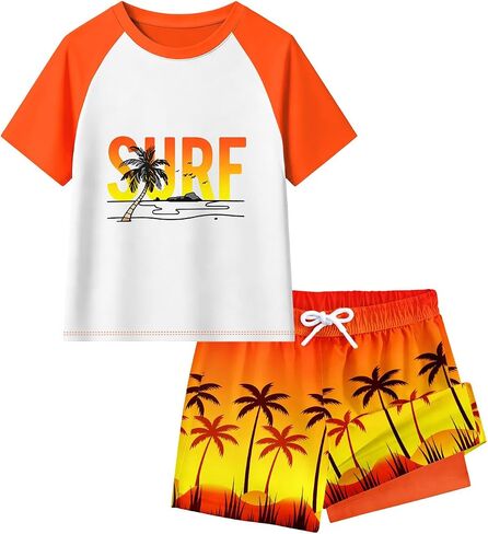 Boys Swim Set 2 Piece Short Sleeve Rash Guard Shirt with Compression Liner Swim Trunks UPF 50+ Swimsuit 7-16Y in Saudi Arabia