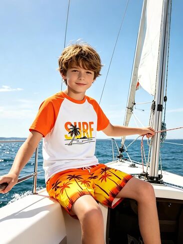 Boys Swim Set 2 Piece Short Sleeve Rash Guard Shirt with Compression Liner Swim Trunks UPF 50+ Swimsuit 7-16Y in Saudi Arabia
