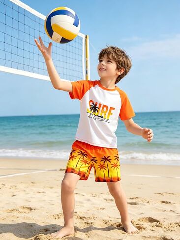 Boys Swim Set 2 Piece Short Sleeve Rash Guard Shirt with Compression Liner Swim Trunks UPF 50+ Swimsuit 7-16Y in Saudi Arabia