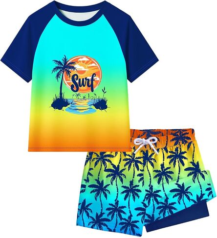 Boys Swim Set 2 Piece Short Sleeve Rash Guard Shirt with Compression Liner Swim Trunks UPF 50+ Swimsuit 7-16Y in Saudi Arabia