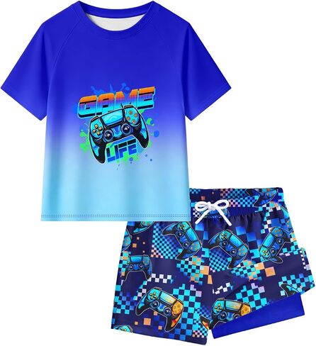 Boys Swim Set 2 Piece Short Sleeve Rash Guard Shirt with Compression Liner Swim Trunks UPF 50+ Swimsuit 7-16Y in Saudi Arabia