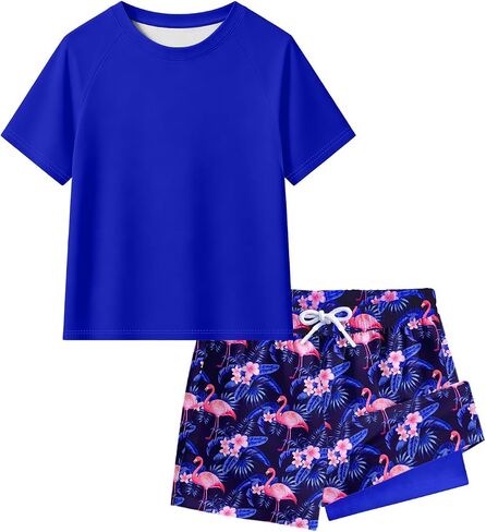 Boys Swim Set 2 Piece Short Sleeve Rash Guard Shirt with Compression Liner Swim Trunks UPF 50+ Swimsuit 7-16Y in Saudi Arabia
