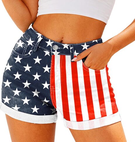 Women July 4th Jeans Shorts Stretchy American Flag Denim Shorts in Kuwait