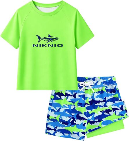 Boys Swim Set 2 Piece Short Sleeve Rash Guard Shirt with Compression Liner Swim Trunks UPF 50+ Swimsuit 7-16Y in Saudi Arabia