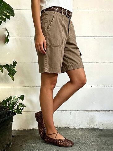 Flamingals Wide Leg Bermuda Shorts for Women Mid Waist Solid Seam Detail Flap Pocket Trendy Denim Shorts in Kuwait