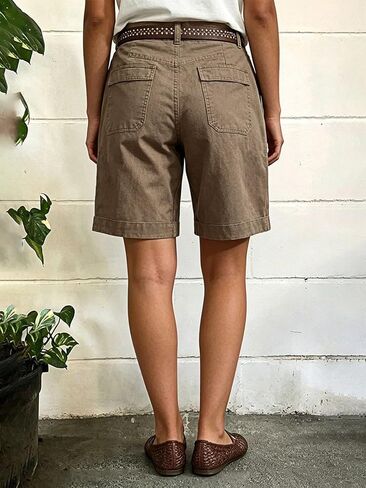 Flamingals Wide Leg Bermuda Shorts for Women Mid Waist Solid Seam Detail Flap Pocket Trendy Denim Shorts in Kuwait