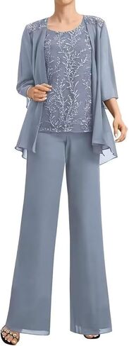 Chiffon Mother of The Bride Pant Suits 3 Pieces Lace Appliques Formal Pantsuit for Wedding Guest in Saudi Arabia