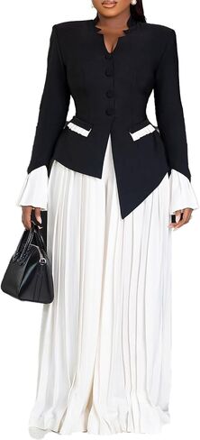 Women's Elegant Two-Piece Set, Mandarin Collar Blazer with Bell Sleeves and Pleated Wide Leg Pants, Business Office Wear in Kuwait