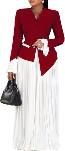 Women's Elegant Two-Piece Set, Mandarin Collar Blazer with Bell Sleeves and Pleated Wide Leg Pants, Business Office Wear in Kuwait