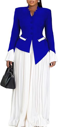 Women's Elegant Two-Piece Set, Mandarin Collar Blazer with Bell Sleeves and Pleated Wide Leg Pants, Business Office Wear in Kuwait