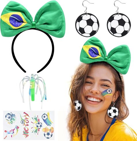 Brazil Soccer Fan Accessories Set for Adults – Brazil Flag Bow Headband, Soccer Ball Earrings, Tattoo Stickers and Cheer Wand for Football Game Day, Sports Party and Team Support in Saudi Arabia