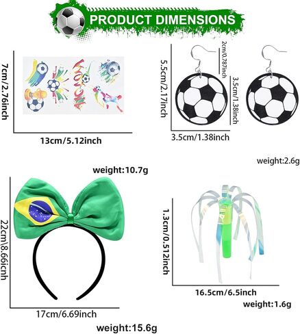 Brazil Soccer Fan Accessories Set for Adults – Brazil Flag Bow Headband, Soccer Ball Earrings, Tattoo Stickers and Cheer Wand for Football Game Day, Sports Party and Team Support in Saudi Arabia