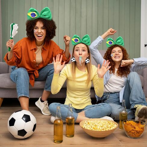 Brazil Soccer Fan Accessories Set for Adults – Brazil Flag Bow Headband, Soccer Ball Earrings, Tattoo Stickers and Cheer Wand for Football Game Day, Sports Party and Team Support in Saudi Arabia