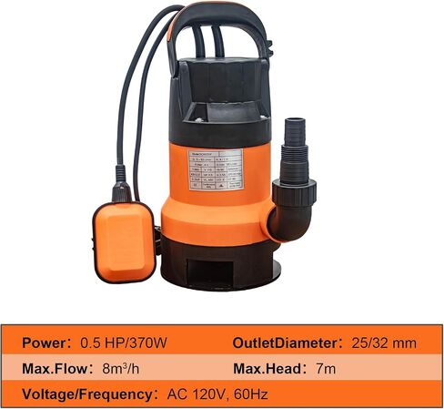 Submersible Water Pump, 0.5HP, 83m³/h Flow, 7m Lift, Black+Orange, Iron+Plastic, for Basement Flood Drainage in Kuwait