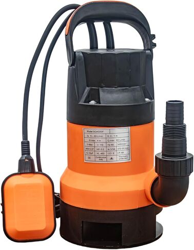 Submersible Water Pump, 0.5HP, 83m³/h Flow, 7m Lift, Black+Orange, Iron+Plastic, for Basement Flood Drainage in Kuwait