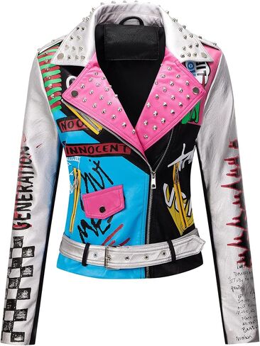 RISISSIDA Women Faux Leather Jacket Studded Rivet Spring Fall Fashion, Hip-Length Moto Biker Trendy Clothes Streetwear Belted in Saudi Arabia