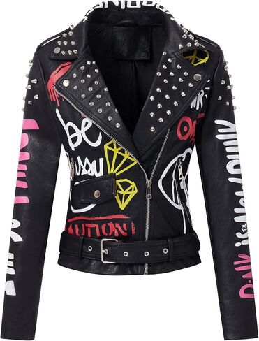 RISISSIDA Women Faux Leather Jacket Studded Rivet Spring Fall Fashion, Hip-Length Moto Biker Trendy Clothes Streetwear Belted in Kuwait