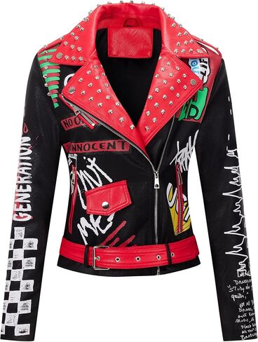 RISISSIDA Women Faux Leather Jacket Studded Rivet Spring Fall Fashion, Hip-Length Moto Biker Trendy Clothes Streetwear Belted in Kuwait