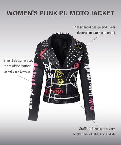 RISISSIDA Women Faux Leather Jacket Studded Rivet Spring Fall Fashion, Hip-Length Moto Biker Trendy Clothes Streetwear Belted in Kuwait
