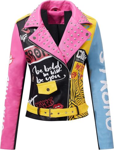 RISISSIDA Women Faux Leather Jacket Studded Rivet Spring Fall Fashion, Hip-Length Moto Biker Trendy Clothes Streetwear Belted in Kuwait