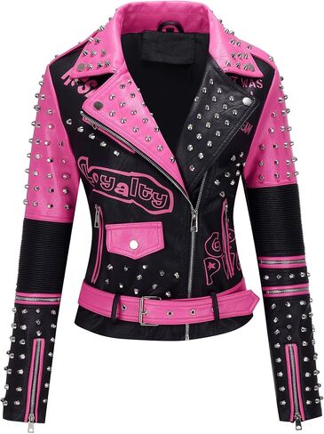 RISISSIDA Women Faux Leather Jacket Studded Rivet Spring Fall Fashion, Hip-Length Moto Biker Trendy Clothes Streetwear Belted in Kuwait