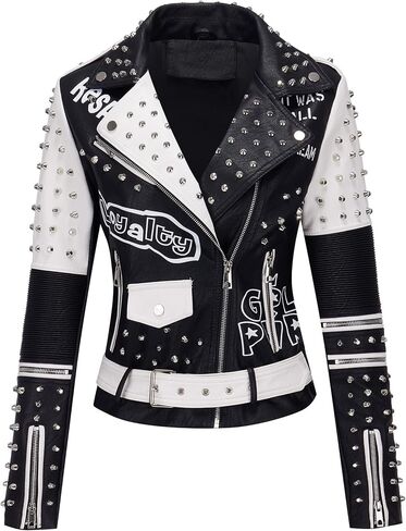 RISISSIDA Women Faux Leather Jacket Studded Rivet Spring Fall Fashion, Hip-Length Moto Biker Trendy Clothes Streetwear Belted in Kuwait