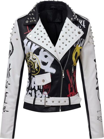 RISISSIDA Women Faux Leather Jacket Studded Rivet Spring Fall Fashion, Hip-Length Moto Biker Trendy Clothes Streetwear Belted in Kuwait