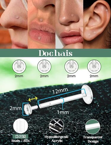 Dochais 16G 18G أقراط شفافة ترصيع قضبان الشفاه التجنيب المرن من الأكريليك الثقب الشفاف اللولب الغضروف القرط مسمار Labret Tragus Retainers ثقب المجوهرات 16 قطعة 6 مم 8 مم 10 مم 12 مم 10 in Kuwait