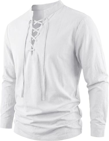 Men's Pirate Shirt Renaissance Costume Medieval Viking Long Sleeve Cotton Linen Lace up Shirt Halloween Cosplay Costume in Saudi Arabia