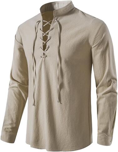 Men's Medieval Vintage Long Sleeve Lace-Up Renaissance-Shirt for Halloween Viking Pirate Cosplay in Kuwait