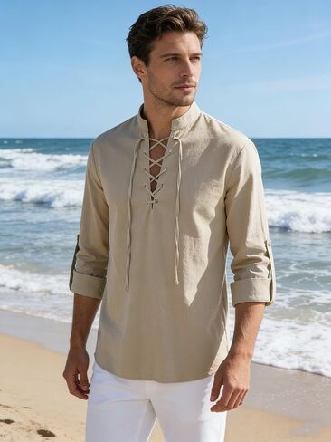 Men's Medieval Vintage Long Sleeve Lace-Up Renaissance-Shirt for Halloween Viking Pirate Cosplay in Kuwait