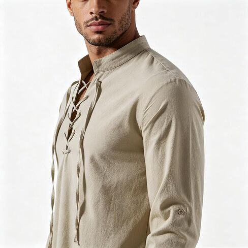 Men's Medieval Vintage Long Sleeve Lace-Up Renaissance-Shirt for Halloween Viking Pirate Cosplay in Kuwait