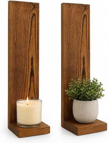 Wall Candle Sconces Set of 2, Rustic Wood Farmhouse Wall Decor, Vintage Brown Candle Holders for Living Room, Bedroom & Hallway in Kuwait