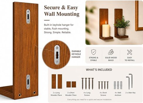 Wall Candle Sconces Set of 2, Rustic Wood Farmhouse Wall Decor, Vintage Brown Candle Holders for Living Room, Bedroom & Hallway in Kuwait