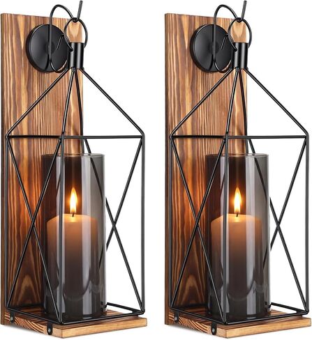 Set of 2 Wall Candle Sconces Farmhouse Wood Candle Holder Indoor Rustic Black Metal Lantern Decorations for Living Room Dining Room Entryway Porch Yard Decor in Saudi Arabia