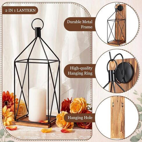 Set of 2 Wall Candle Sconces Farmhouse Wood Candle Holder Indoor Rustic Black Metal Lantern Decorations for Living Room Dining Room Entryway Porch Yard Decor in Saudi Arabia