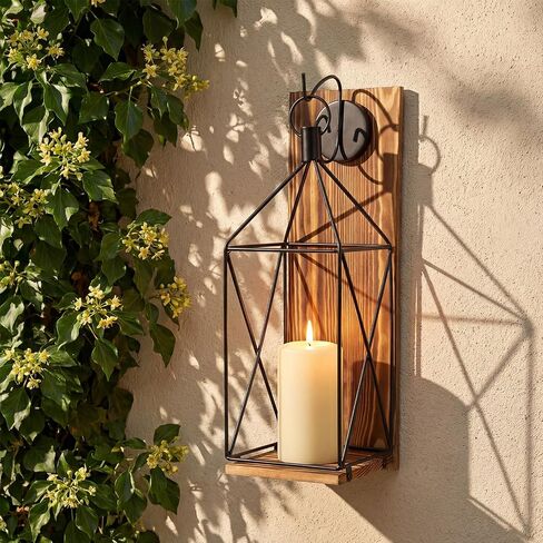 Set of 2 Wall Candle Sconces Farmhouse Wood Candle Holder Indoor Rustic Black Metal Lantern Decorations for Living Room Dining Room Entryway Porch Yard Decor in Saudi Arabia