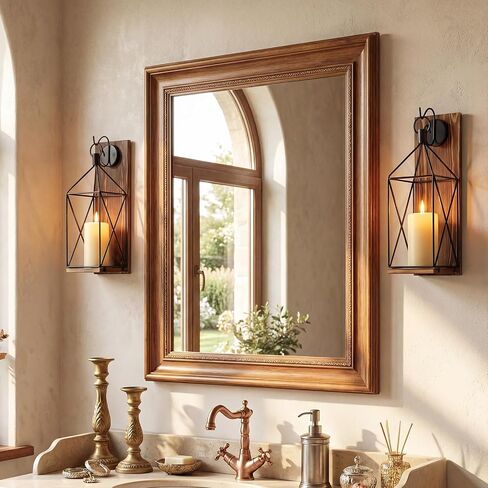 Set of 2 Wall Candle Sconces Farmhouse Wood Candle Holder Indoor Rustic Black Metal Lantern Decorations for Living Room Dining Room Entryway Porch Yard Decor in Saudi Arabia