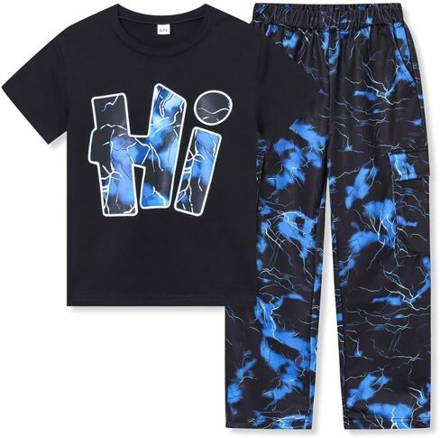 Teen Boys Clothes Camo 2 Piece Outfits Letter Printing Short Sleeve and Color Block Pants Clothing Set Size 6-12 in Kuwait