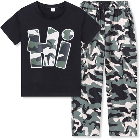 Teen Boys Clothes Camo 2 Piece Outfits Letter Printing Short Sleeve and Color Block Pants Clothing Set Size 6-12 in Kuwait