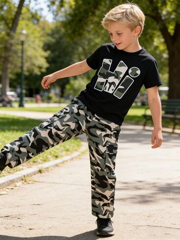 Teen Boys Clothes Camo 2 Piece Outfits Letter Printing Short Sleeve and Color Block Pants Clothing Set Size 6-12 in Kuwait